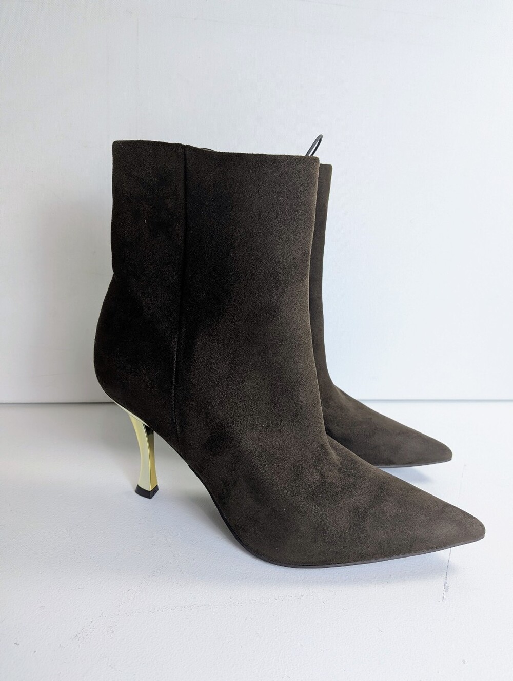 Nine West Dark Brown Suede like Pointed Toe Ankle Boots with Gold Heel